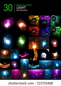 Set of glowing lines and waves in darkness, mega collection of shining effects