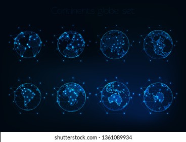 Set of glowing low polygonal globes shows planet Earth with different continents outlines view from space on dark blue background. Globalization, communication concept. Futuristic vector illustration.