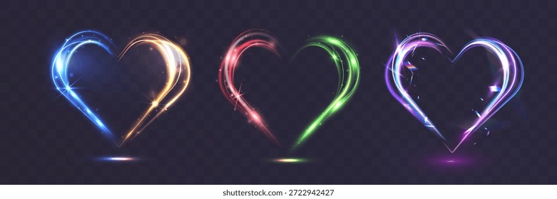 Conjunto de brillantes rastros de luz de neón multicolor aislados sobre fondo transparente.
