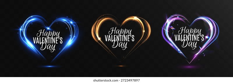 Set glowing multicolor neon heart frames with Happy Valentine’s Day lettering isolated on transparent background.