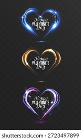Defina quadros de coração de néon multicoloridos brilhantes com letras Feliz Dia dos Namorados isoladas em fundo transparente.