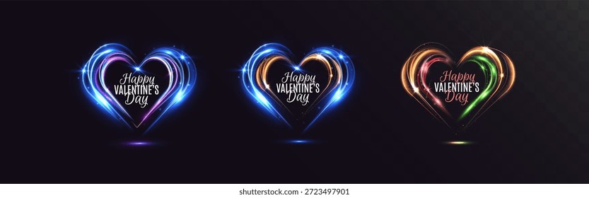 Setzen Sie leuchtende mehrfarbige Neonherzrahmen mit Happy Valentine’s Day-Schriftzug einzeln auf transparentem Hintergrund.