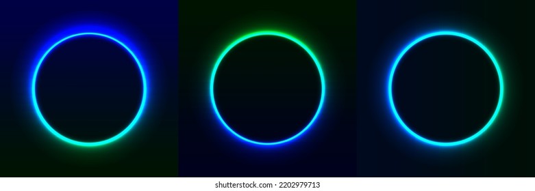 Conjunto de marcos redondos de neón multicolores brillantes sobre fondo oscuro. Anillos de luz luminosos. Arte vector. 