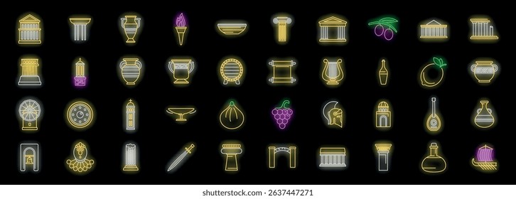 Set of glowing neon ancient greek culture icons representing history, mythology, architecture, food and tradition