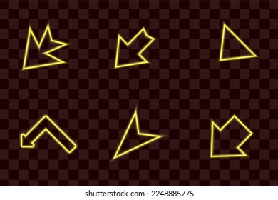 Conjunto de flechas de neón brillantes. Punteros brillantes de flecha de neón sobre fondo de pared de ladrillo. Cartón retro con tubos de neón brillantes en colores amarillos