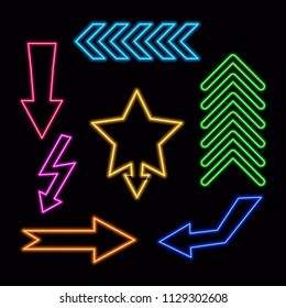 Set of glowing neon arrows of different colors