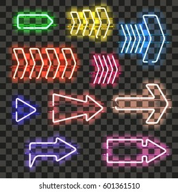Set of glowing neon arrows with different colors