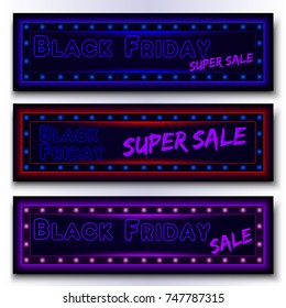 Set of glowing neon banners for Black Friday. 