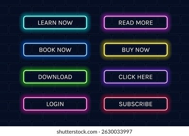 Set of glowing neon buttons for web design. shiny vector action elements and icons for online use