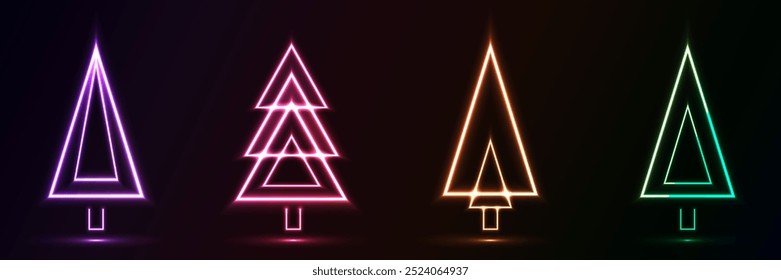 Set of glowing neon christmas tree shape with wavy dynamic lines on black background technology concept. Light elements for badges, price tag, label cards, logo design, christmas.