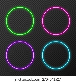 Conjunto de quadros de círculo de néon brilhante em cores rosa, verde, azul e roxo no fundo transparente, anéis vetoriais luminosos vibrantes para elementos de interface do usuário, rótulos futuristas, destaques