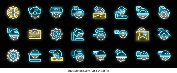 Set of glowing neon circular saw blades cutting through wood and metal, representing carpentry, metalworking, and diy projects