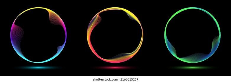 Conjunto de círculos de color de neón brillante forma de curva redonda con líneas dinámicas onduladas aisladas en el concepto de tecnología de fondo negro. Borde de marco de luz circular. Puede usar para insignias, etiquetas de precio, etiquetas