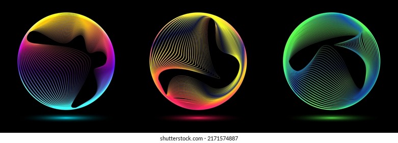Set glowing neon color circles round curve shape and wavy dynamic lines isolated black background technology concept  Circular light frame border  You can use for badges  price tag  label