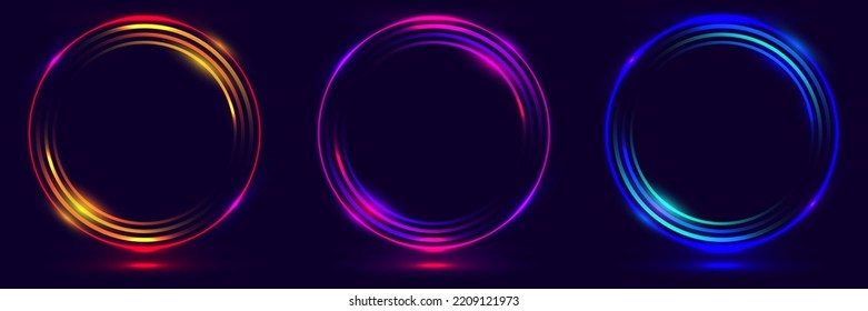 Set glowing neon color circles round curve shapes isolated black background technology concept  Circular light frame border  You can use for badges  price tag  label  elements  banner   card