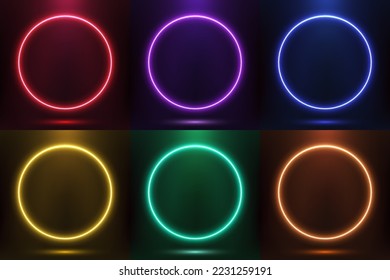 Set of glowing neon color circles round shape with lighting effect isolated on black background technology concept. Circular light frame border. You can use for badges, price tag, label, elements