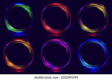 Conjunto de círculos de color de neón brillante formas redondeadas de curva aisladas en el concepto de tecnología de fondo negro. Borde de marco de luz circular. Puede usar para insignias, etiquetas de precio, etiquetas, elementos, banner , tarjeta