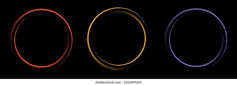 Set of glowing neon color circles round curve shape with glitter isolated on black background technology concept. Circular light frame border. You can use for badges, price tag, label, elements