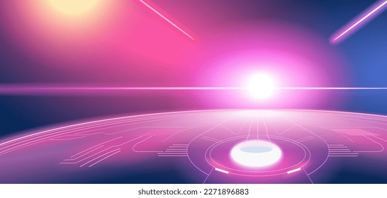 Set of glowing neon color circles with round curve shape, technology, and universe abstract background.