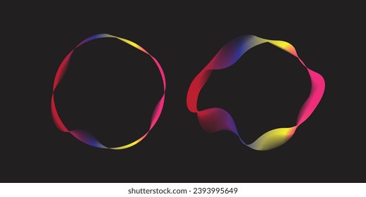Set of glowing neon color circles round curve shape with wavy dynamic lines isolated on black background technology concept. Circular light frame border. You can use for badges, price tag vector