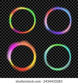 Set of glowing neon color circles round curve shape with wavy dynamic lines isolated on black background. Technology concept. Circular light frame border. Vector illustration.