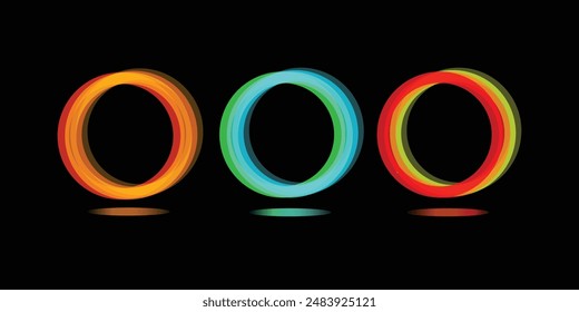 Set of glowing neon color circles round curve shape with wavy dynamic lines isolated on black background technology concept. Circular light frame border. You can use for badges, price tag, label