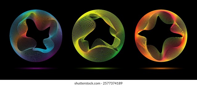 Set of glowing neon color circles round curve shape with wavy dynamic lines isolated on black background technology concept. Circular light frame border. You can use for badges, price tag. vector