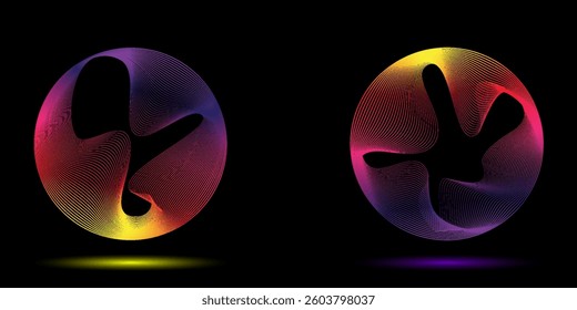 Set of glowing neon color circles round curve shape with wavy dynamic lines isolated on black background technology concept. Circular light frame border. You can use for badges, price tag, label. eps2