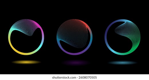 Set of glowing neon color circles round curve shape with wavy dynamic lines isolated on black background technology concept. Circular light frame border. You can use for badges, price tag, label