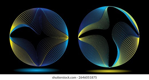 Set of glowing neon color circles round curve shape with wavy dynamic lines isolated on black background technology concept. Circular light frame border. You can use for badges, price tag, label