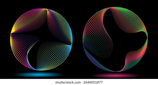Set of glowing neon color circles round curve shape with wavy dynamic lines isolated on black background technology concept. Circular light frame border. You can use for badges, price tag, label