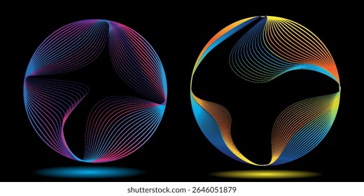 Set of glowing neon color circles round curve shape with wavy dynamic lines isolated on black background technology concept. Circular light frame border. You can use for badges, price tag, label