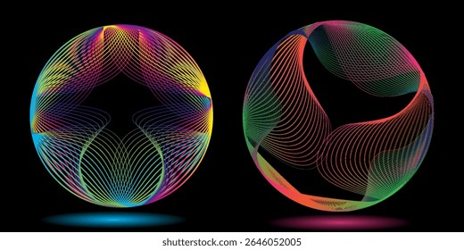 Set of glowing neon color circles round curve shape with wavy dynamic lines isolated on black background technology concept. Circular light frame border. You can use for badges, price tag