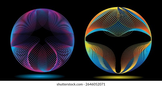 Set of glowing neon color circles round curve shape with wavy dynamic lines isolated on black background technology concept. Circular light frame border. You can use for badges, price tag