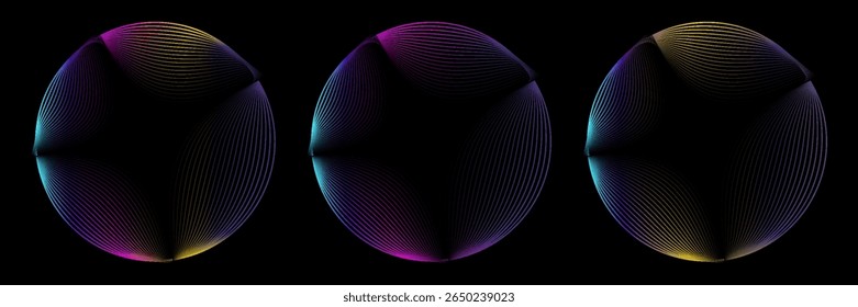 Set of glowing neon color circles round curve shape with wavy dynamic lines isolated on black background technology concept. Circular light frame border. You can use for badges