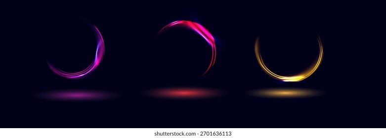 Set of glowing neon color circles round curve shape with wavy dynamic lines isolated on black background technology concept. Circular light frame border.