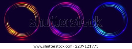Set of glowing neon color circles round curve shapes isolated on black background technology concept. Circular light frame border. You can use for badges, price tag, label, elements, banner , card