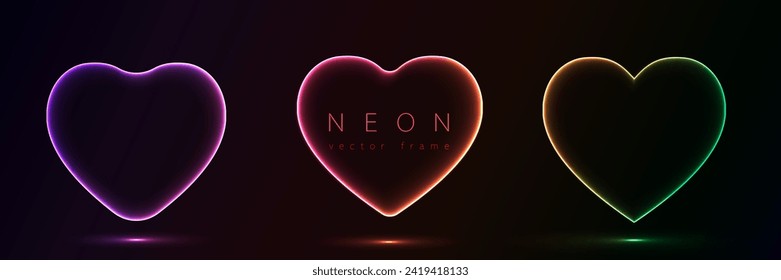 Set of glowing neon color heart shape with wavy dynamic lines on black background technology concept. Love light frame border for badges, price tag, label cards, logo design, valentines day.