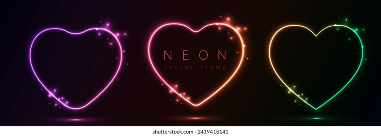 Set of glowing neon color heart shape with wavy dynamic lines on black background technology concept. Love light frame border for badges, price tag, label cards, logo design, valentines day.