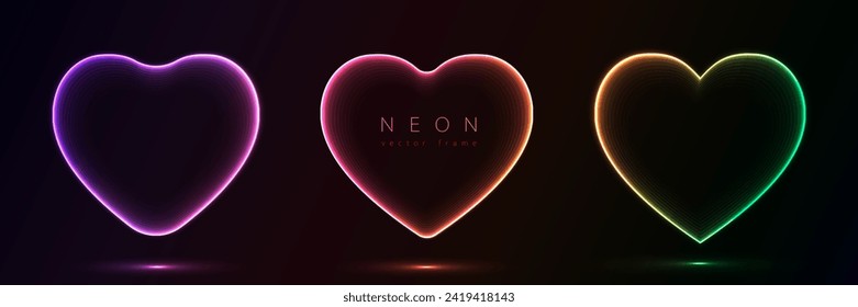 Set of glowing neon color heart shape with wavy dynamic lines on black background technology concept. Love light frame border for badges, price tag, label cards, logo design, valentines day.