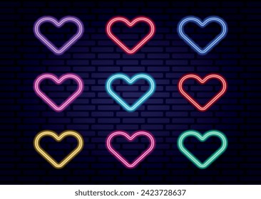 set of glowing neon colorful hearts vector illustration