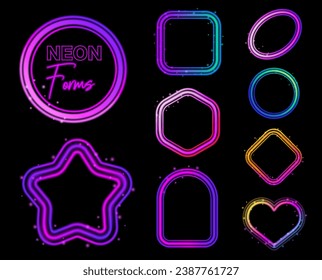Set of glowing neon frame and forms in the light style. Set of gradient illuminate shapes design. Space decor in a vector illustration
