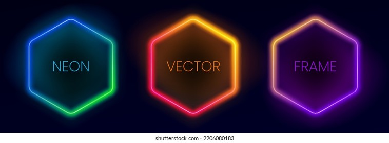 Set of glowing neon frames. Collection of hexagonal neon borders. Abstract background in vibrant colors with copy space. Stock vector futuristic design elements. - Shutterstock ID 2206080183
