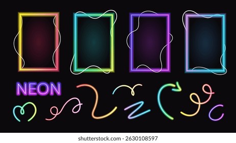 Set of glowing neon frames and icons. Bright neon rectangles for futuristic design. Vector outlines with neon glow effect