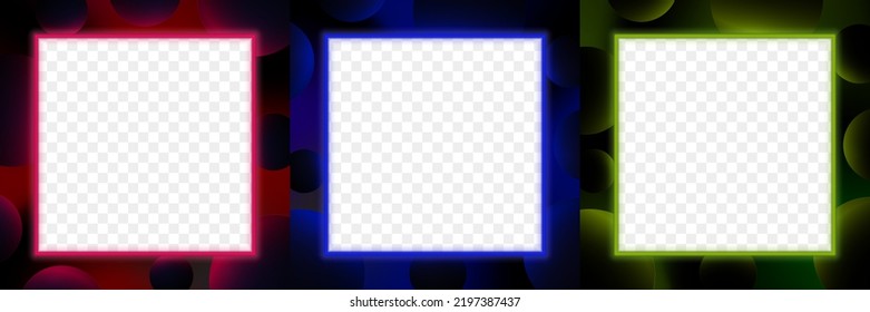Set of Glowing Neon Frames isolated on background, red, yellow, blue LED square frames with dark backgrounds. Editable Vector Illustration. EPS 10.