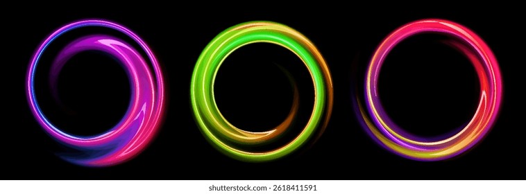 Set of glowing neon frames swirl shape with wavy dynamic lines isolated on black background. Collection of random lines borders. Abstract background in bright colors. Stock vector futuristic design el