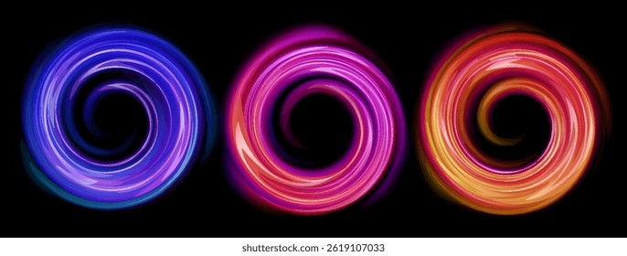Set of glowing neon frames swirl shape with wavy dynamic lines isolated on black background. Abstract background in bright colors. Stock vector futuristic design elements for badges, tags and labels.