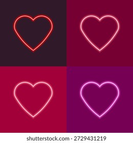 Conjunto de brillantes marcos de corazón de neón sobre fondos rojos y rosados, perfecto para diseños de San Valentín, carteles de amor, invitaciones y proyectos digitales románticos.