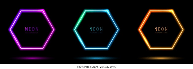Set of glowing neon hexagon lighting lines pink-purple, blue-green, orange-yellow, blue-green illuminate hexagon frame design. collection of glowing neon lighting on dark background with copy space.  - Shutterstock ID 2313375971
