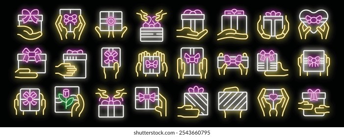 Set of glowing neon icons of hands holding gift boxes with ribbons and bows, isolated on black background